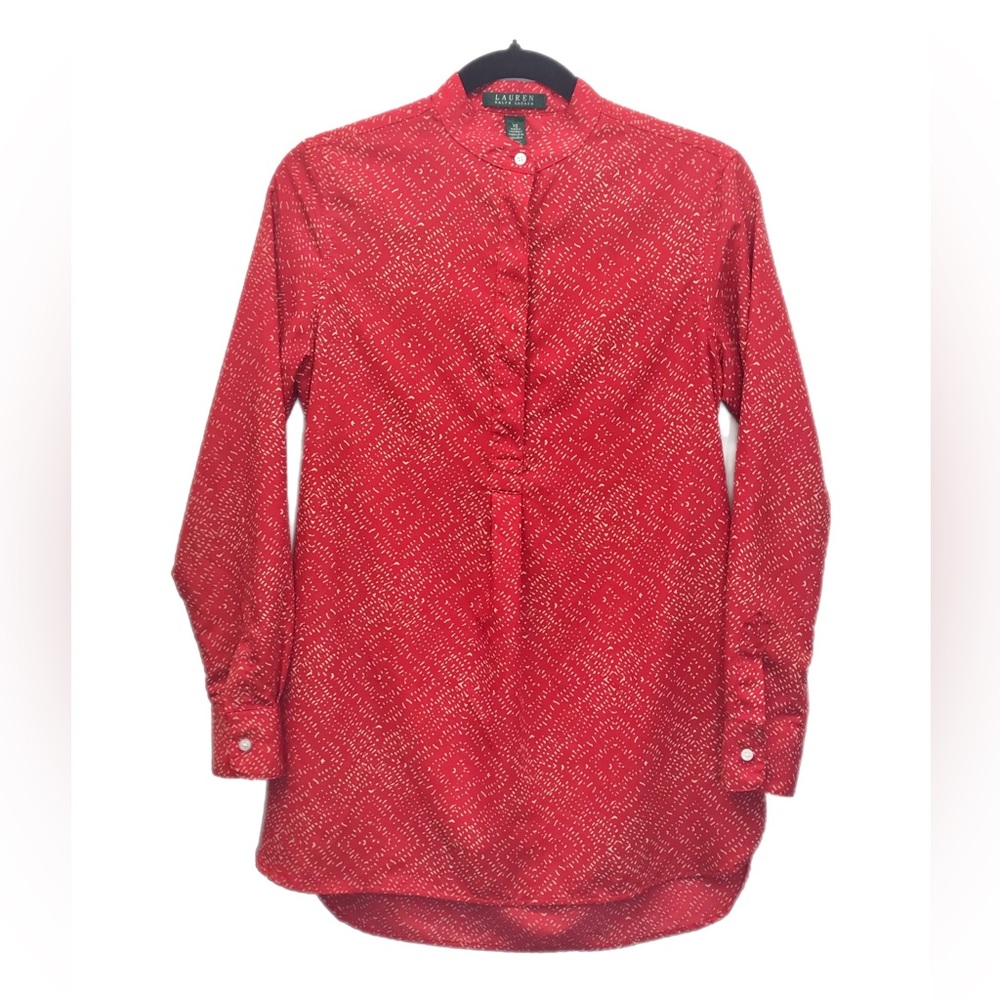 Lauren Ralph Lauren Blouse Size XS Red Collarless Long‎ Sleeve Pullover Top